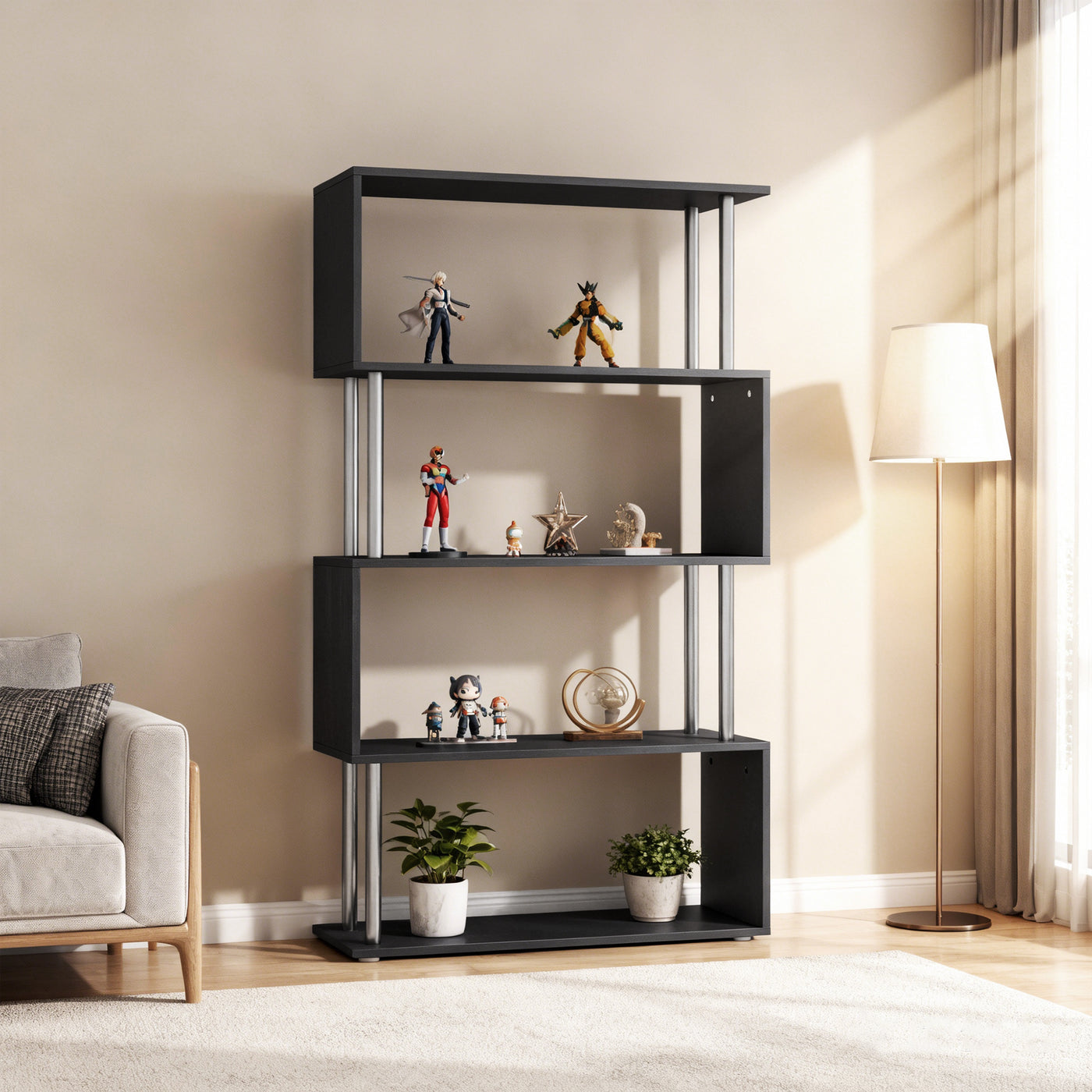 5-Tiers Geometric Wooden Bookcase S-Shaped Storage Bookshelf Display with Metal Frame for Living Room, Bedroom, Home Office, Black