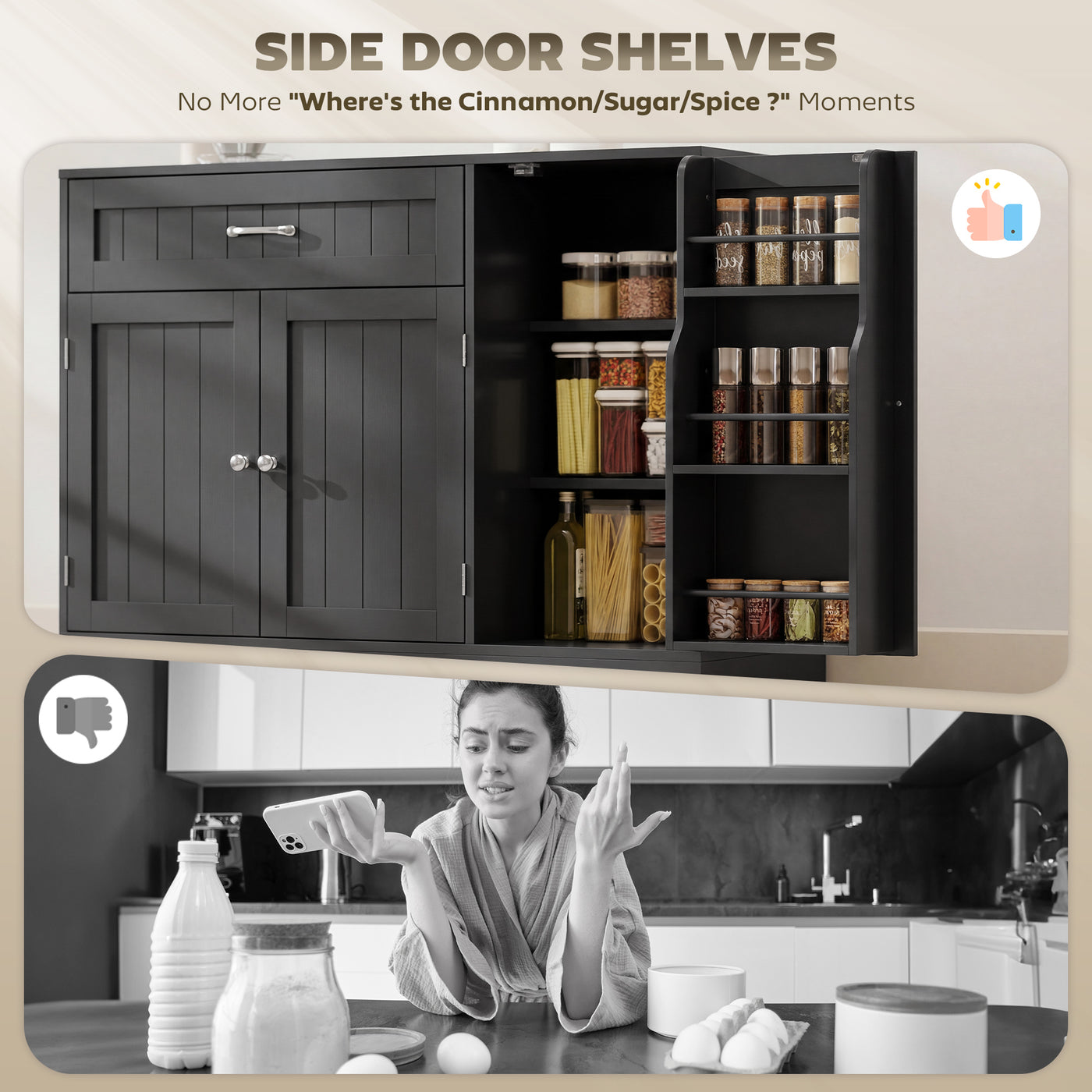 44" Modern Kitchen Storage Cabinet with Drawer, Adjustable Shelves, Small Kitchen Pantry with Door Racks, Black