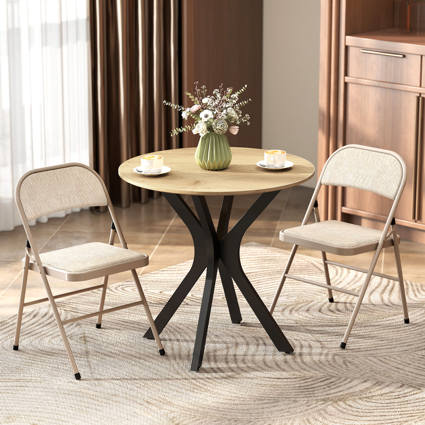 Set of 2 Metal Foldable Chairs, Faux Linen Padded Folding Chairs with Cushion Seat and Open Back for Indoor, Beige