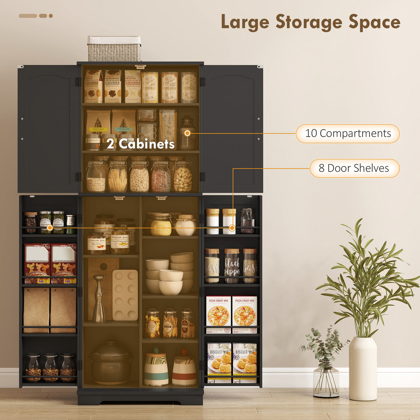 Tall Pantry Cabinet, 64" Storage Cabinet with Adjustable Shelves and 8 Door Spice Racks for Kitchen, Dining Room, Black