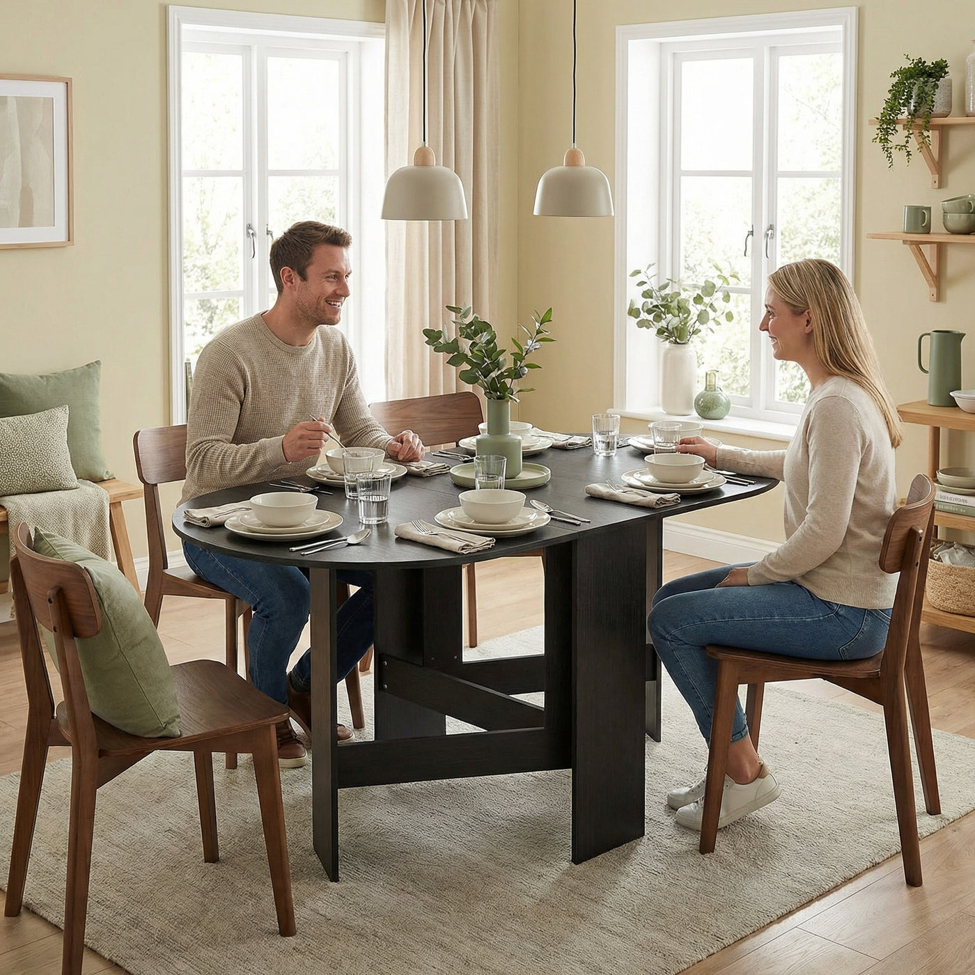 Oval Folding Dining Table, Space Saving Drop Leaf Kitchen Table for Dining Room, Living Room, Black