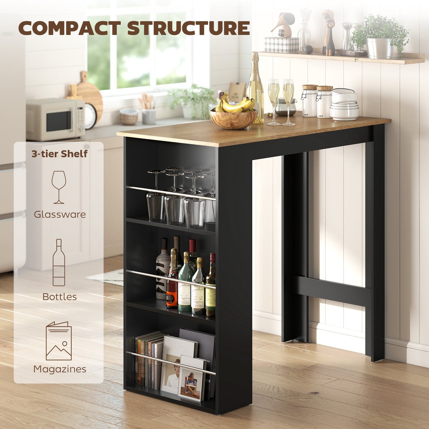 Modern Bar Table, Counter Height Dining Table with 3 Storage Shelves for Kitchen, Dining Room, Living Room, Walnut