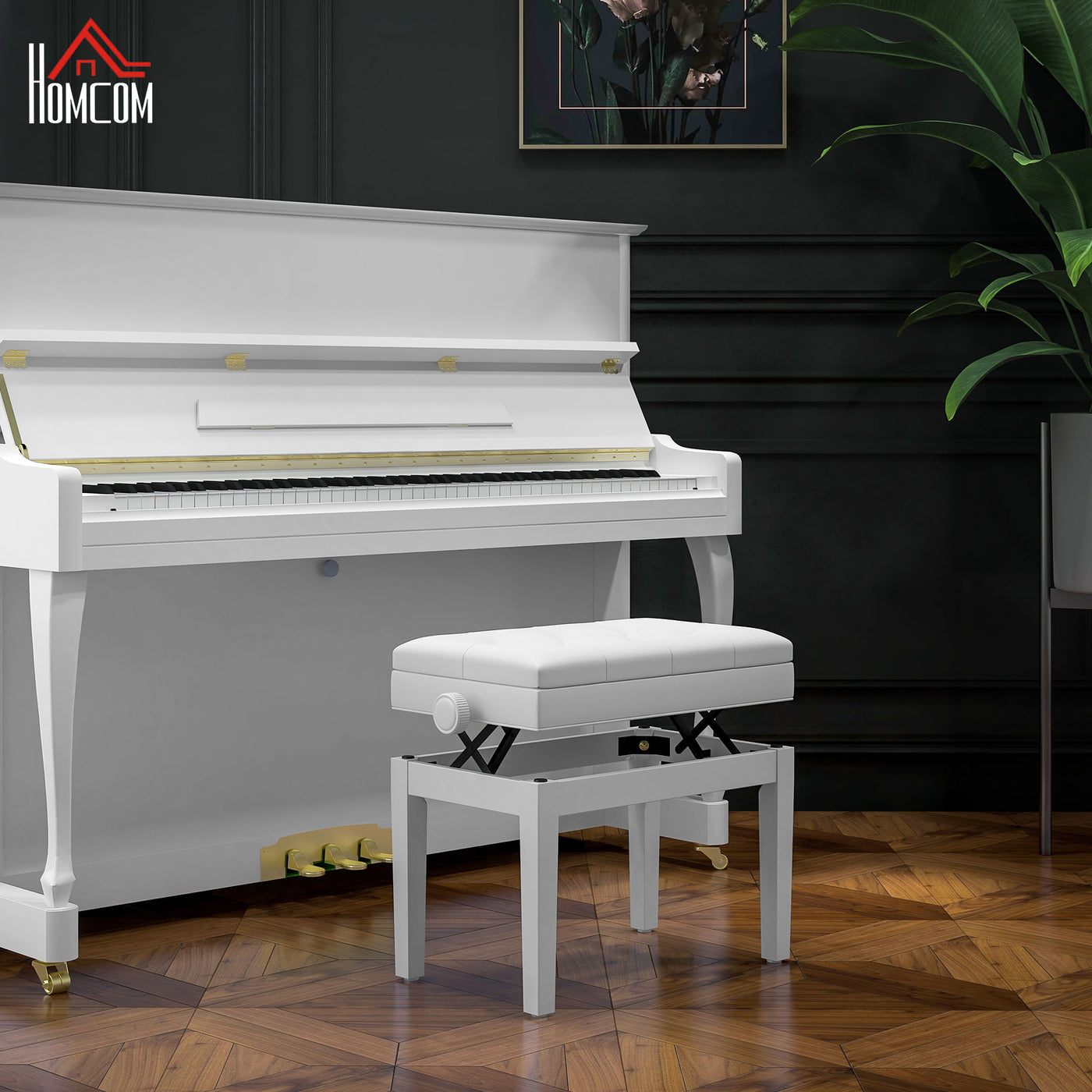 Adjustable Piano Bench with Storage and Soft PU Leather Padded, with Enough Music Storage Design, White