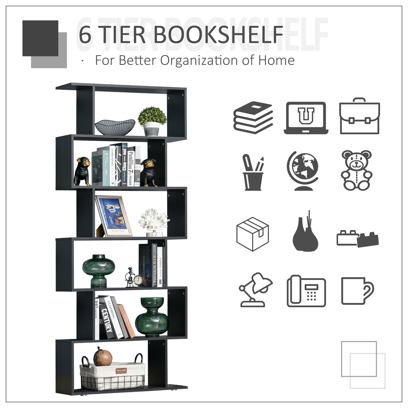 Wooden S Shape Bookcase 6 Shelves Storage Display Home Office Furniture