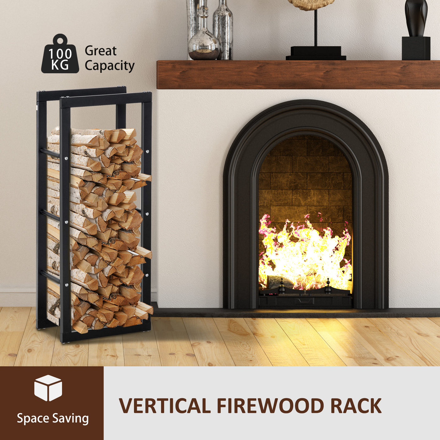15.7" x 9.8" x 39.4" Firewood Rack Outdoor, Log Holder Fireplace Storage Rack with Handles and 220 lbs. Weight Capacity, Black