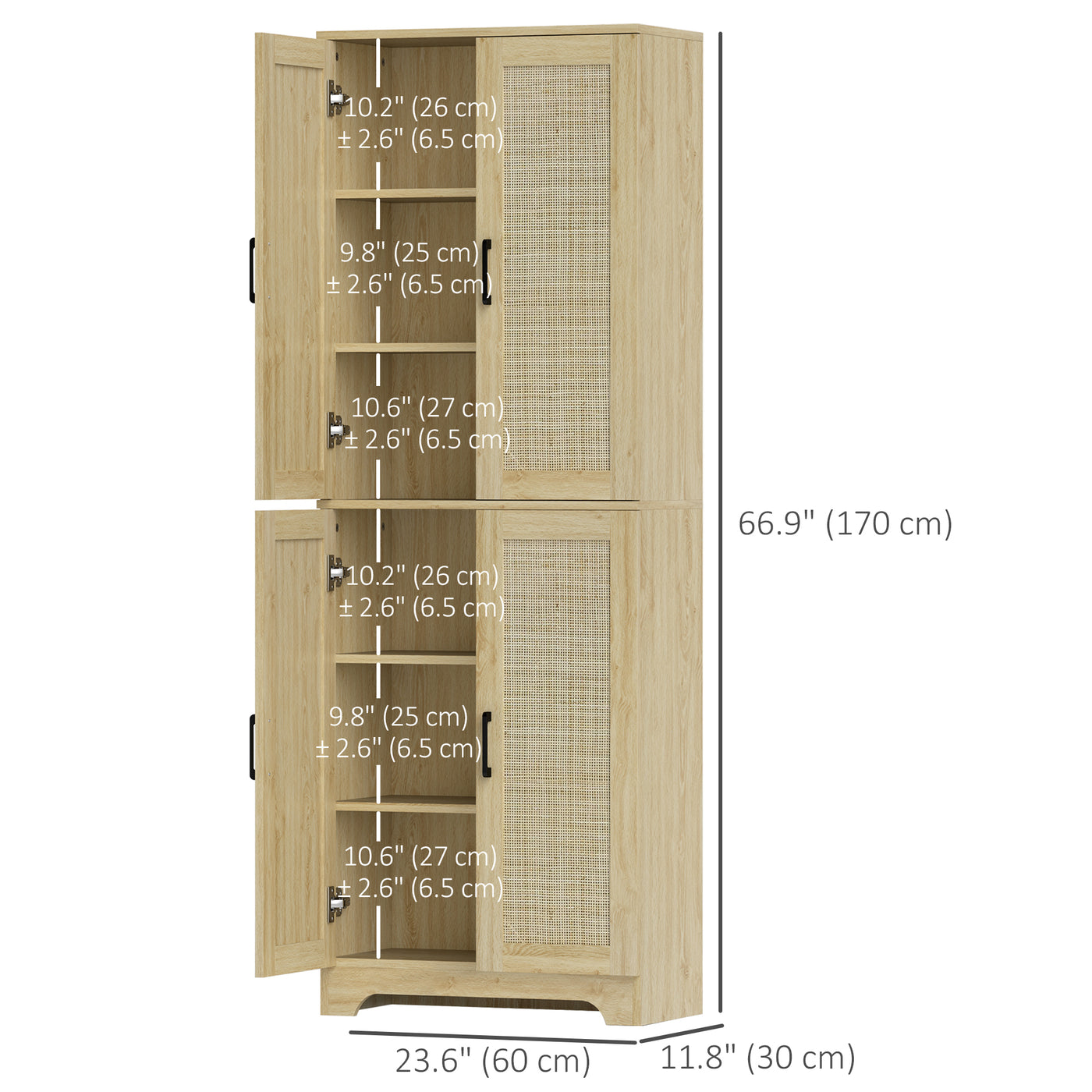 67" Tall Kitchen Pantry, Freestanding Kitchen Storage Cabinet with 4 Rattan Doors and Adjustable Shelves, Oak