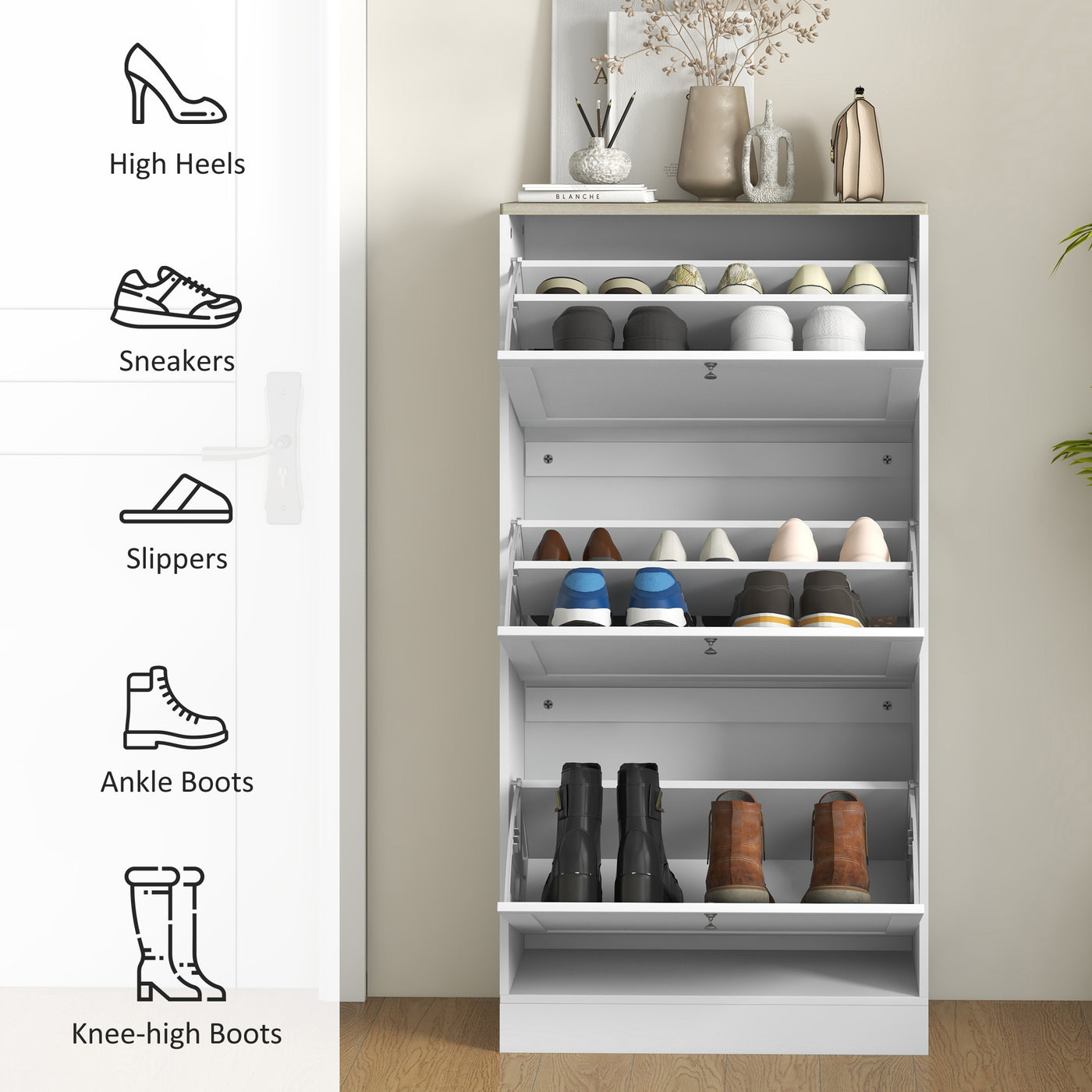 Modern Shoe Storage with 3 Flip Drawers and Adjustable Shelves, Shoe Cabinet Organizer for 12-18 Pairs of Shoes, White