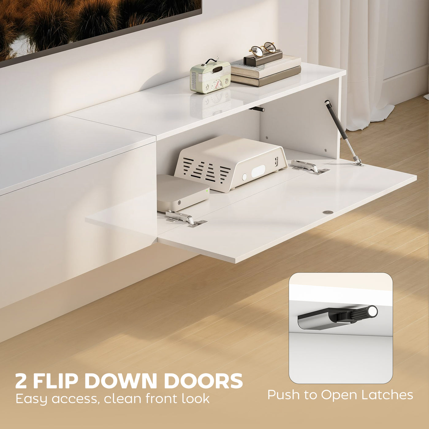 Floating TV Stand for TVs up to 75 Inch, 70.9" TV Cabinet, Entertainment Center with 2 Flip Doors, High Gloss White