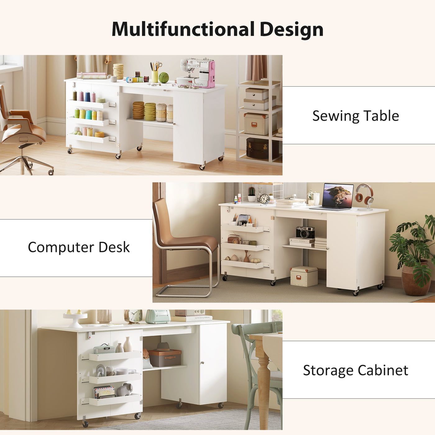 Sewing Machine Table with Drop Leaf, Folding Craft Table with 2 Doors and Adjustable Shelf for Small Spaces, White