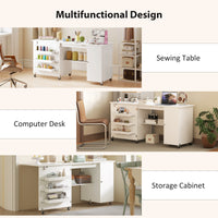 Sewing Machine Table with Drop Leaf, Folding Craft Table with 2 Doors and Adjustable Shelf for Small Spaces, White