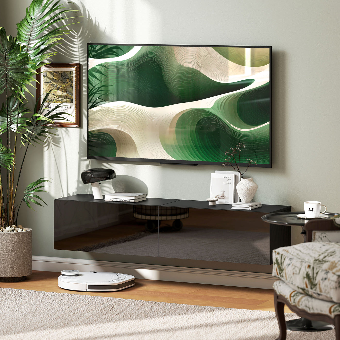 Floating TV Stand with Storage Cupboards for 45, 55, 65in TVs, Wall Mounted TV Console Entertainment Unit, Black