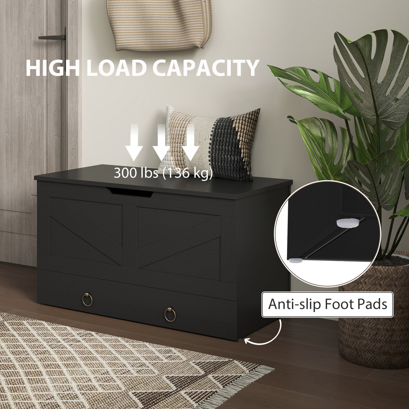 31.5 Inches Storage Chest, Storage Trunk with 2 Safety Hinges for Living Room, Black Wood Grain