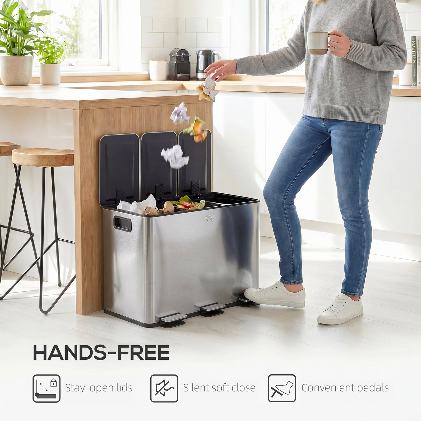 Garbage Bin, Soft-Close Trash Can with Foot Pedal, 3x5 Gallon (3x20 L) Garbage Can with Removable Inner Buckets, Silver