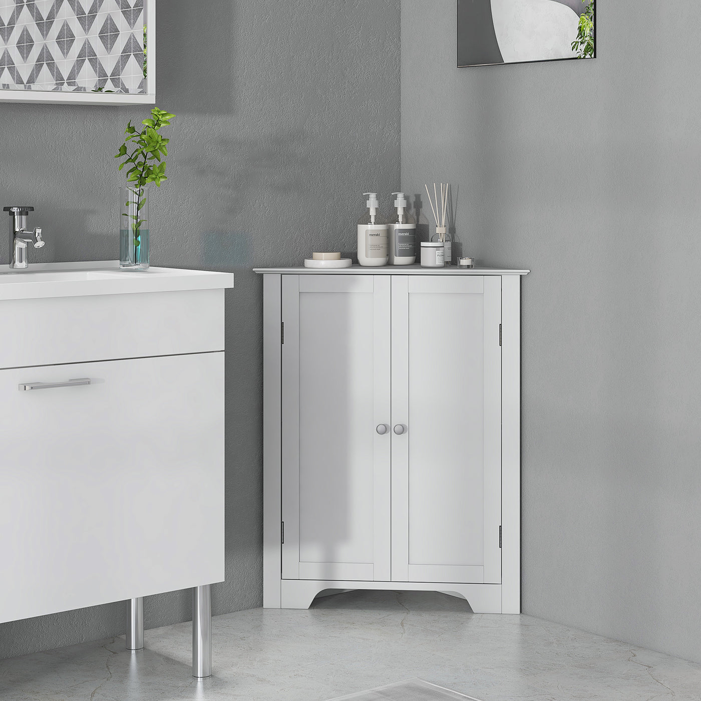 Modern Bathroom Storage Cabinet, Corner Cabinet with Doors, Bathroom Cabinet with Adjustable Shelf and Recessed Door, White