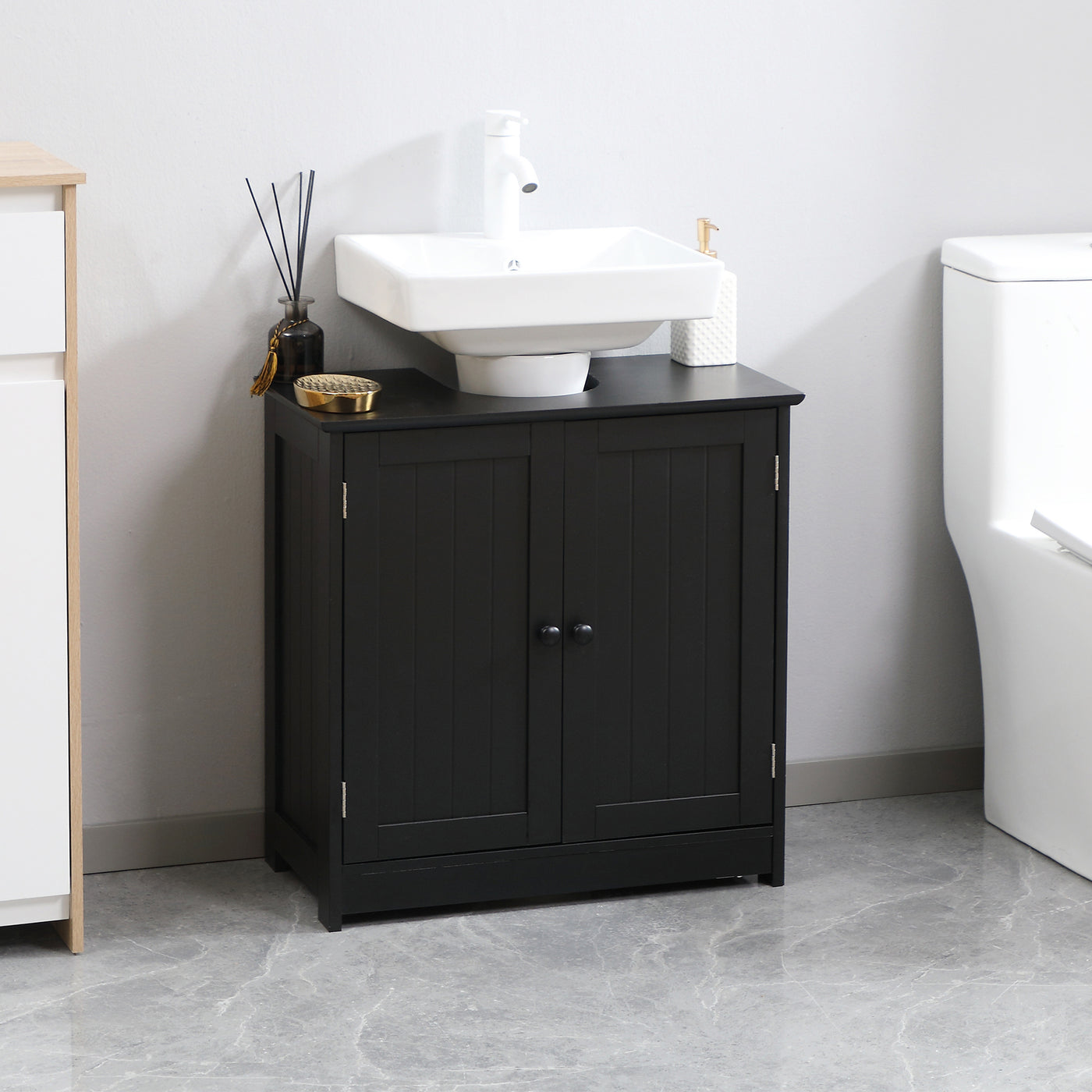 Bathroom Vanity, 24" Pedestal Sink Bathroom Vanity Furniture with 2 Doors and Shelf, Black