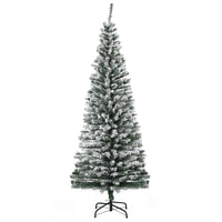 6ft Flocked Christmas Tree, Pencil Christmas Tree with Realistic Branch Tips, Folding Metal Stand, Green