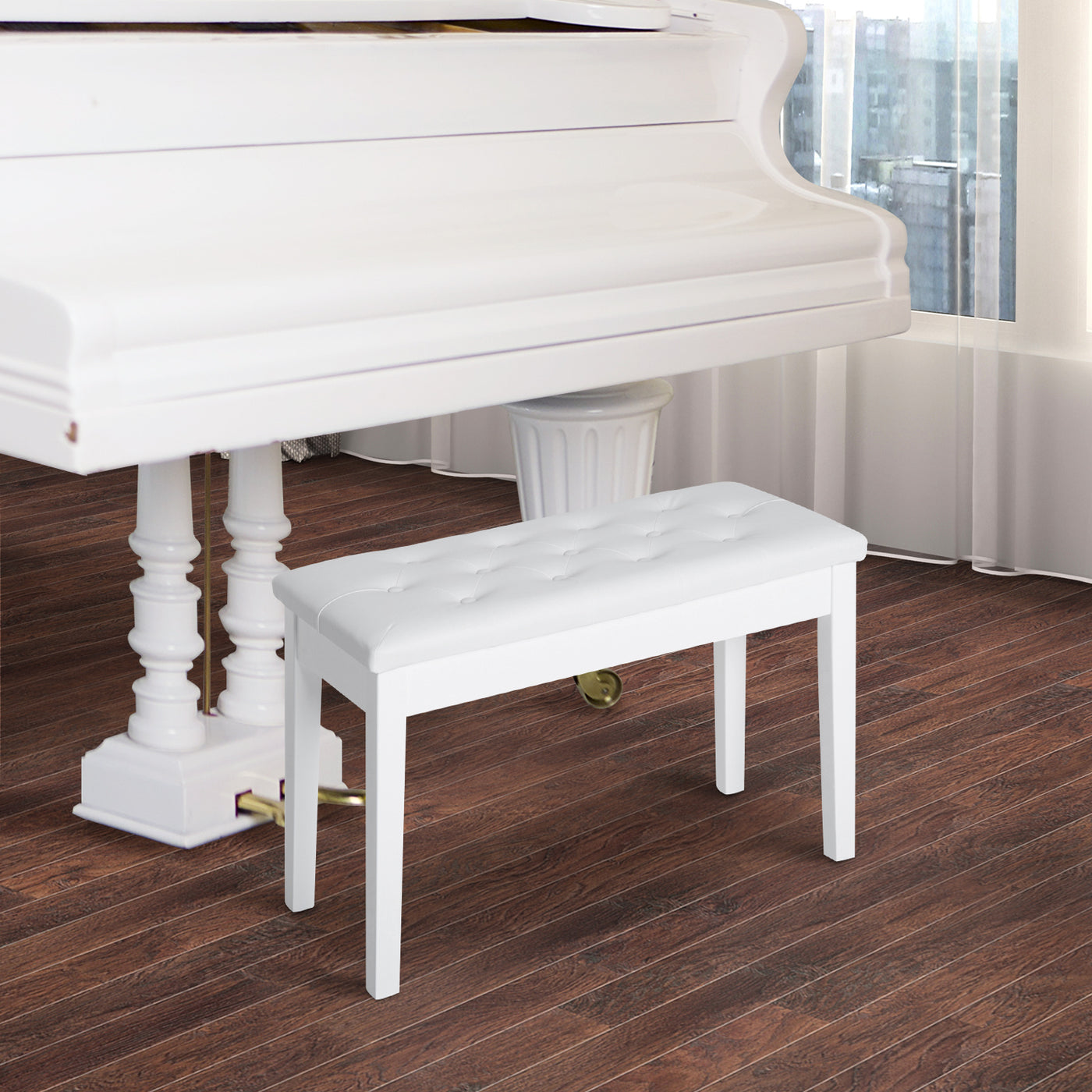 30" Piano Bench with Padded Cushion and Storage, Faux Leather Keyboard Bench with Solid Wood Legs, White