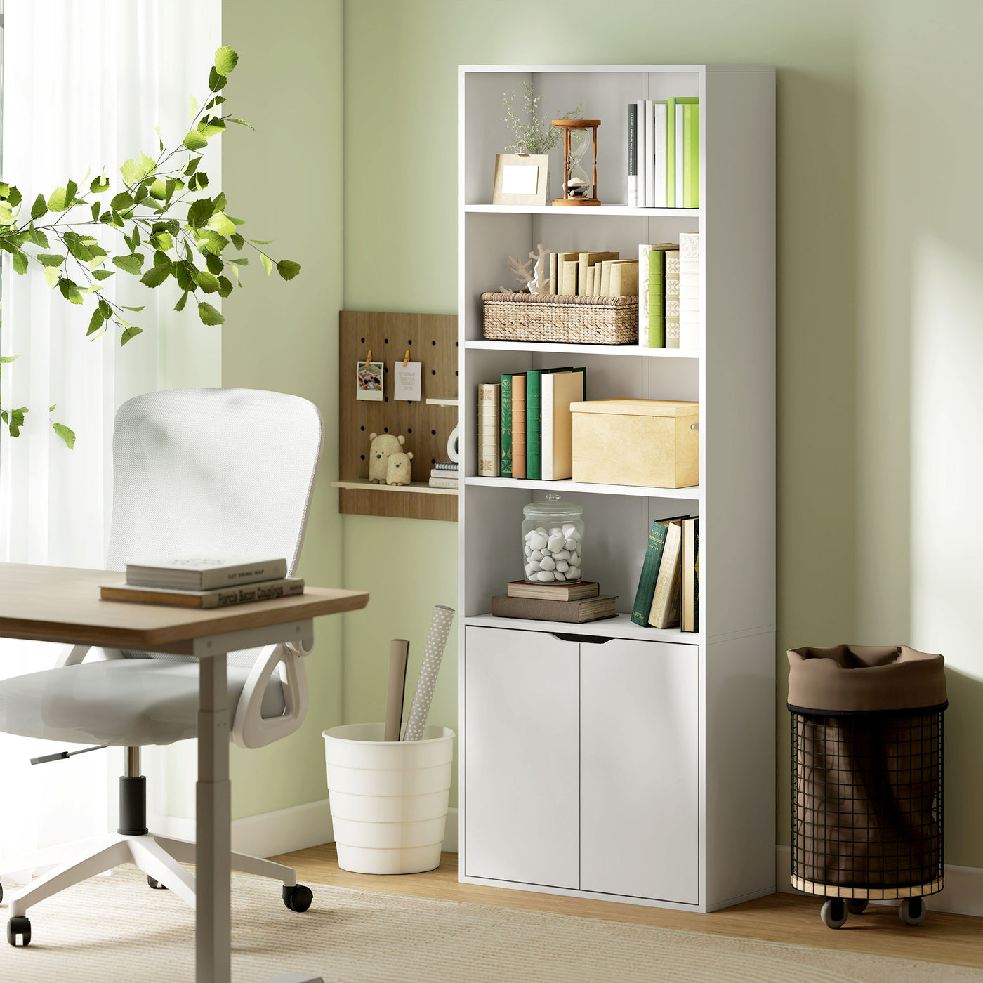 4-Tier Open Bookshelf with Doors Modern Home Office Bookcase Storage Cabinet for Living Room Bathroom Study, White