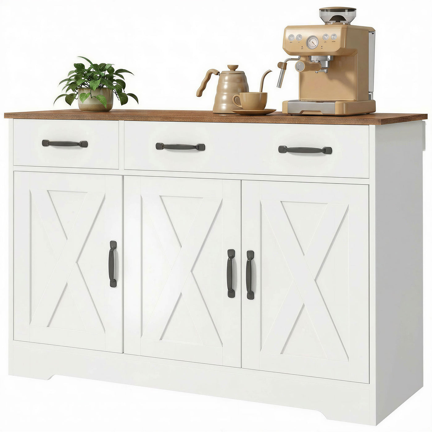 Sideboard Buffet Cabinet, 43" Farmhouse Kitchen Cabinet with 3 Barn Doors, 2 Drawers, 2 Adjustable Shelves, White