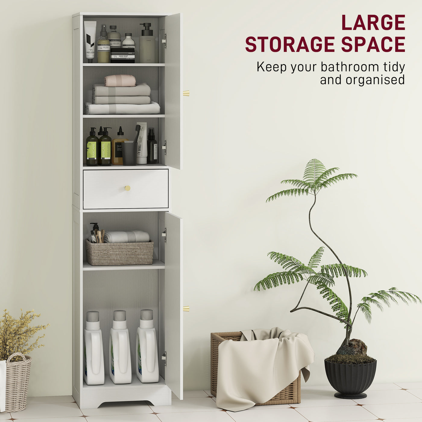 67" Tall Bathroom Cabinet, Slim Bathroom Storage Cabinet with 2 Doors, Drawer and Adjustable Shelf, White Wood Grain