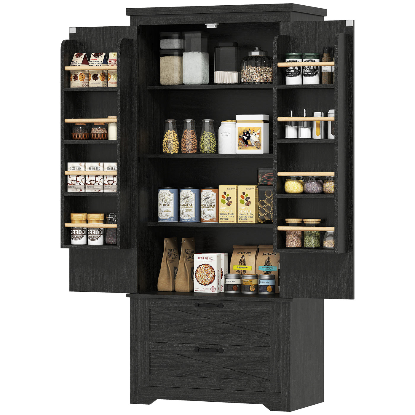 Farmhouse Kitchen Pantry Storage Cabinet, 64" Freestanding Kitchen Pantry Cabinet with Drawers, Distressed Black