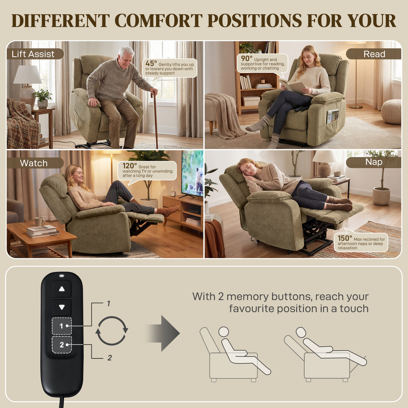 Power Recliner Chair with Massage, Electric Lift Chair for Elderly with Side Pockets, 2 Memory Positions, Remote, Brown