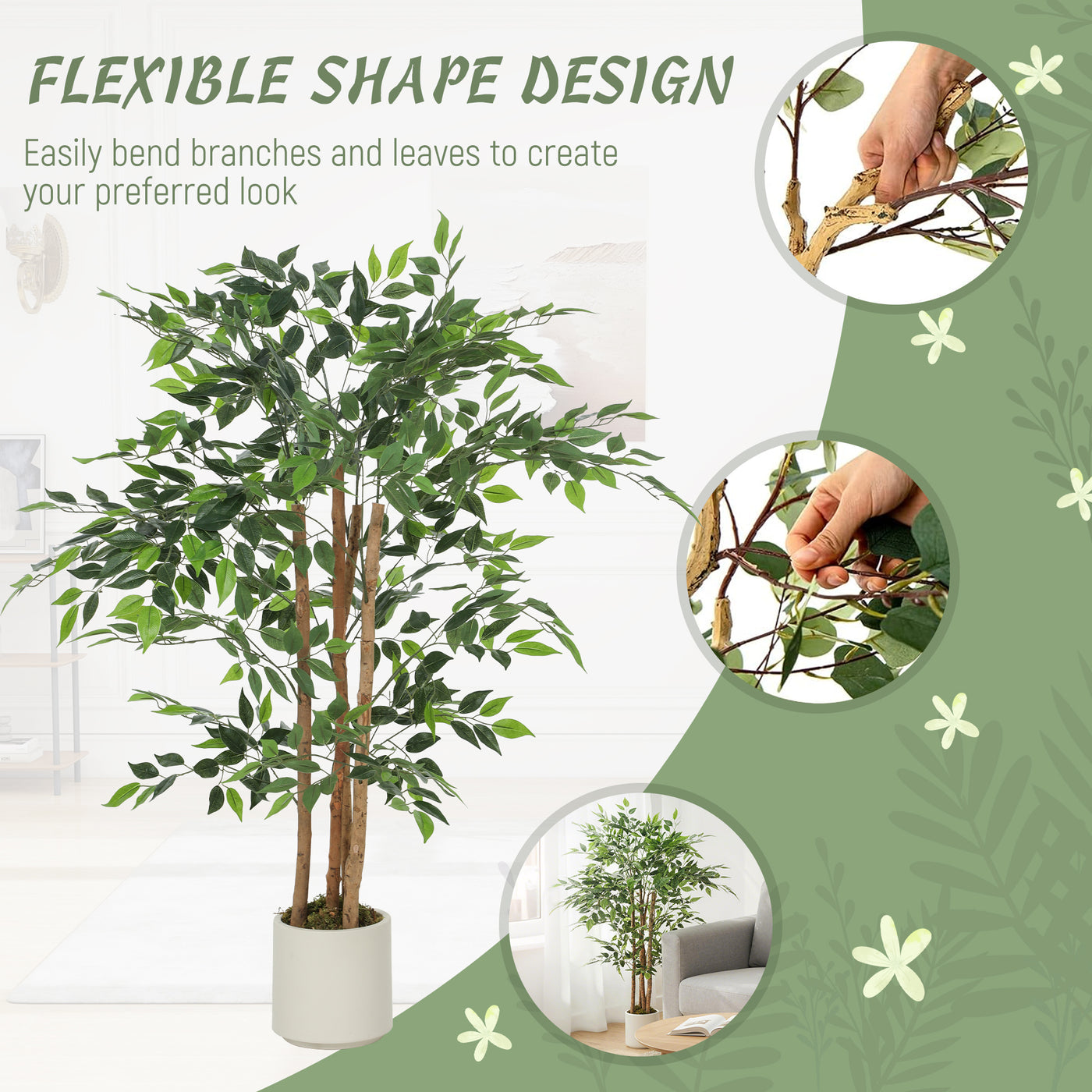 4FT Artificial Banyan Tree Set of 2, Fake Potted Tree with Solid Wood Trunk and Pot for Indoor