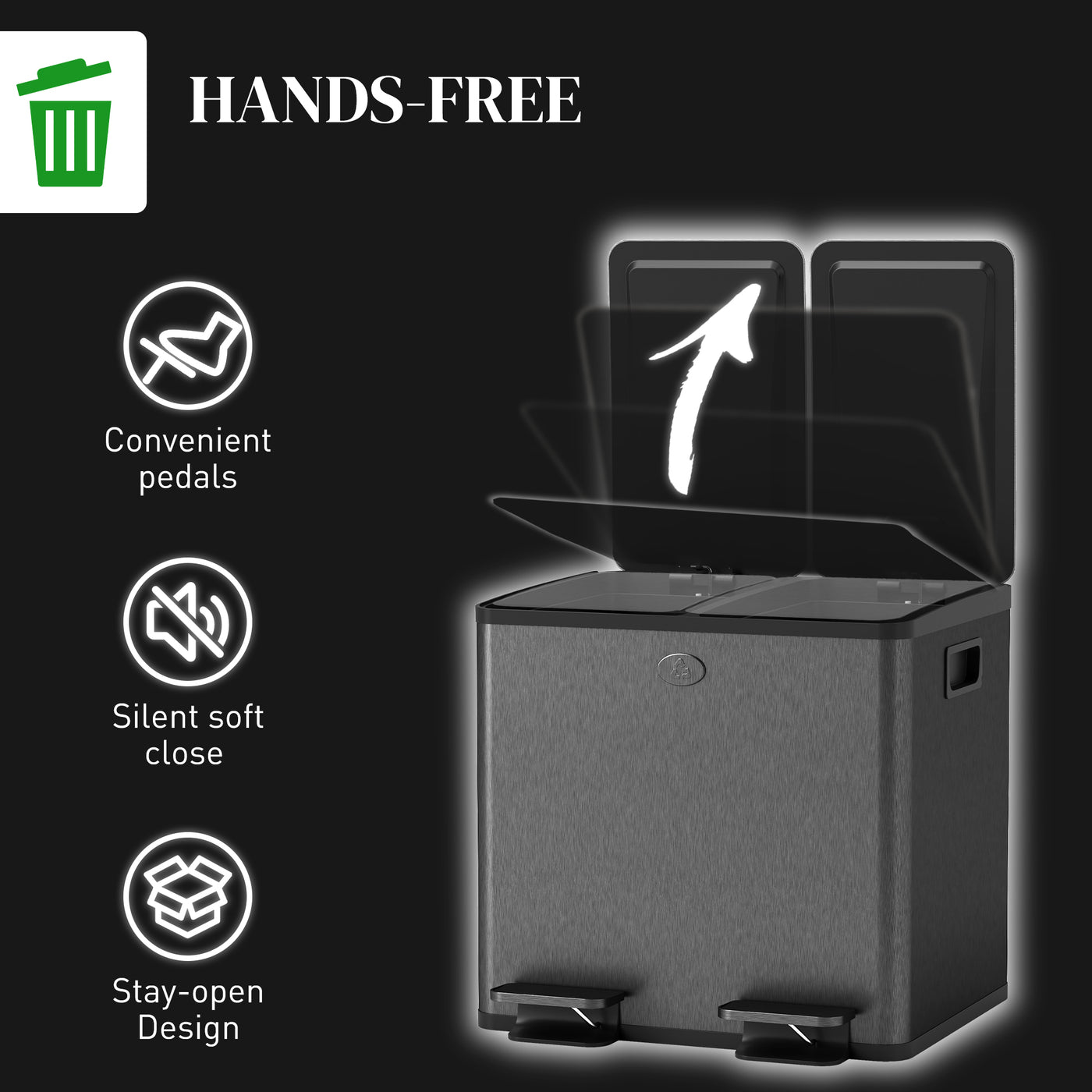 Garbage Bin, Soft-Close Trash Can with Foot Pedal, 2x4 Gallon (2x15 L) Garbage Can with Removable Inner Buckets, Black