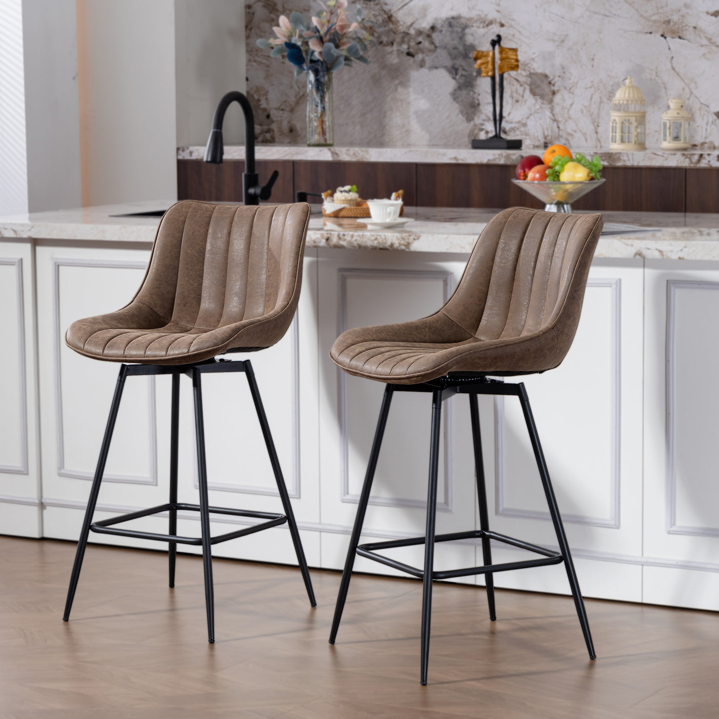 Set of 2 Counter Height Barstools, PU Leather Upholstered Bar Stools with Backrest, Footrest and Steel Legs, Brown