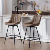 Set of 2 Counter Height Barstools, PU Leather Upholstered Bar Stools with Backrest, Footrest and Steel Legs, Brown