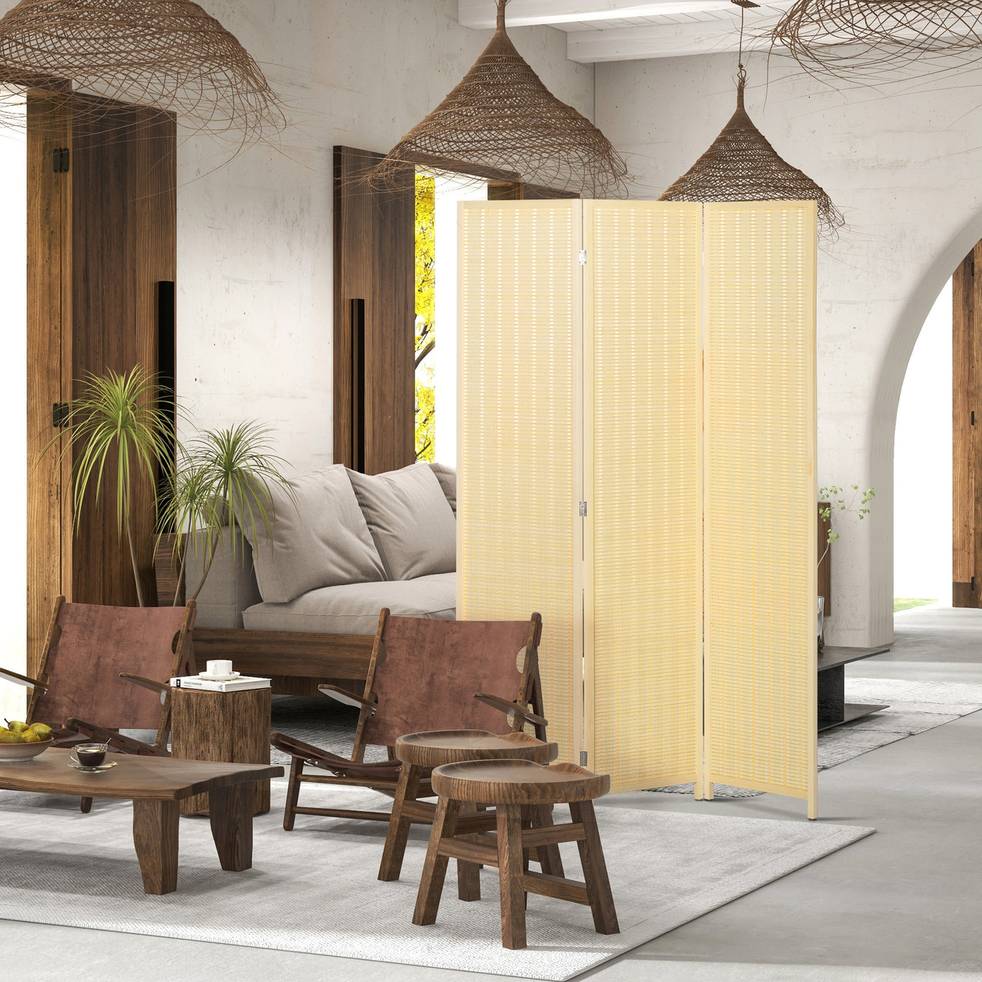 Woven Bamboo Room Divider, 3 Panel Folding Indoor Privacy Screens for Home Office, Natural Wood