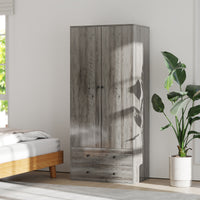 Modern Wardrobe Closet Armoire with 2 Drawers and Hanging Rod, Clothes Storage Organizer for Bedroom, Grey