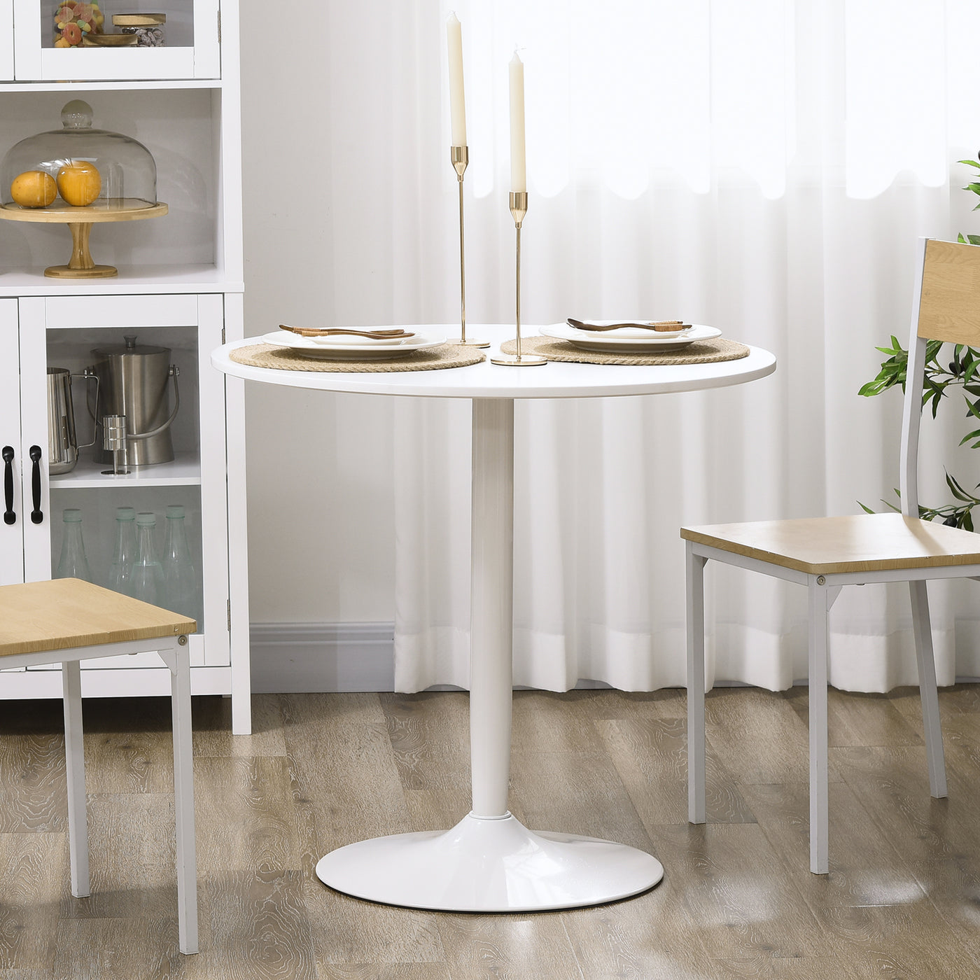 Modern Kitchen Table for 2 people, Round Dining Table with Steel Base for Living Room, Dining Room, White