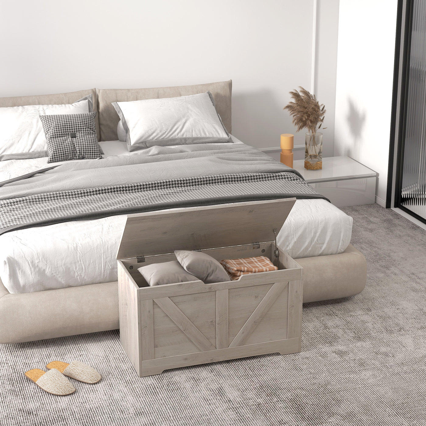 31.5 Inches Storage Chest, Storage Trunk with 2 Safety Hinges for Living Room, Grey Wood Grain