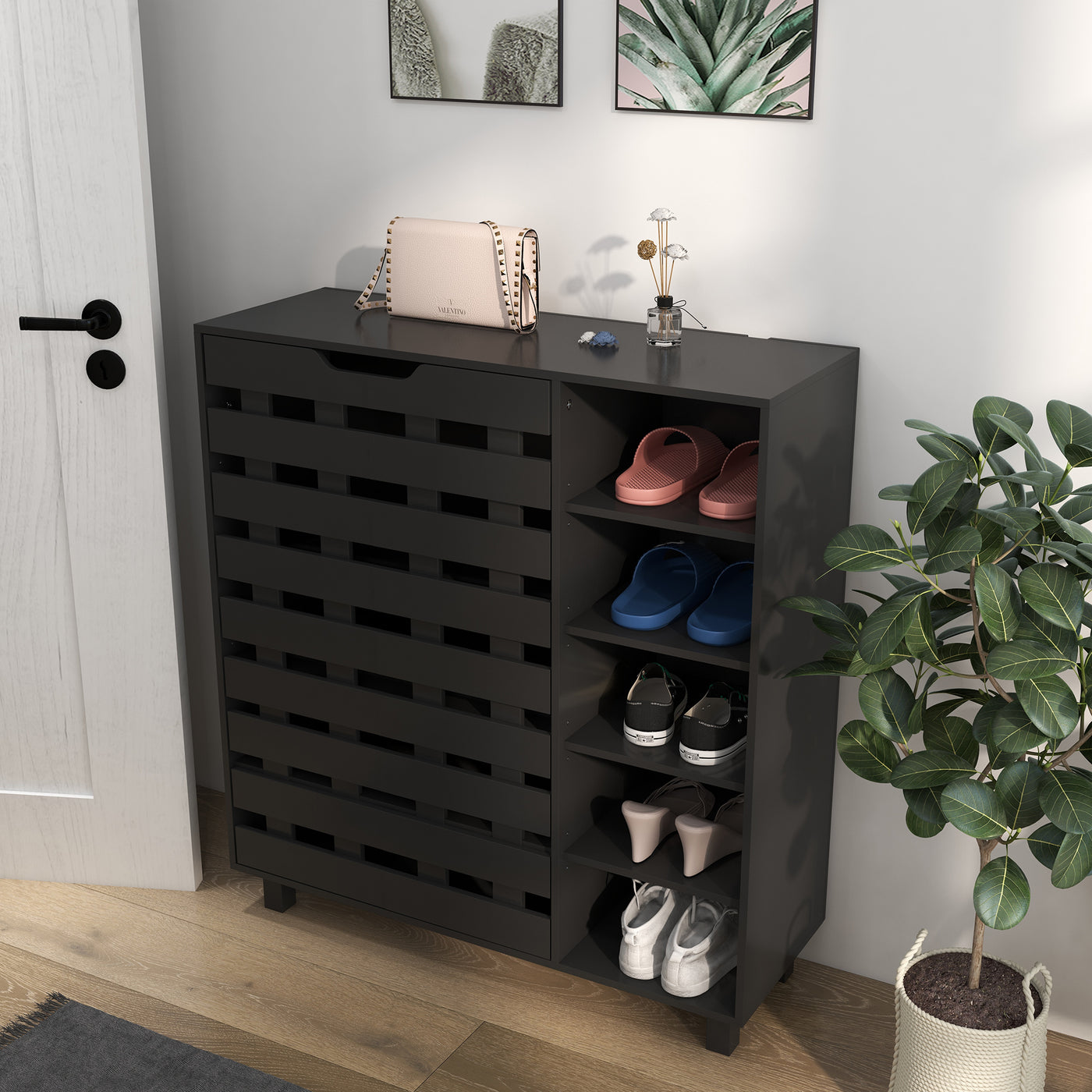 Shoe Cabinet, 21 Pair Shoe Storage Cabinet Organizer with 5-tier Double Door Cupboard and 5-tier Open Shelves, Black