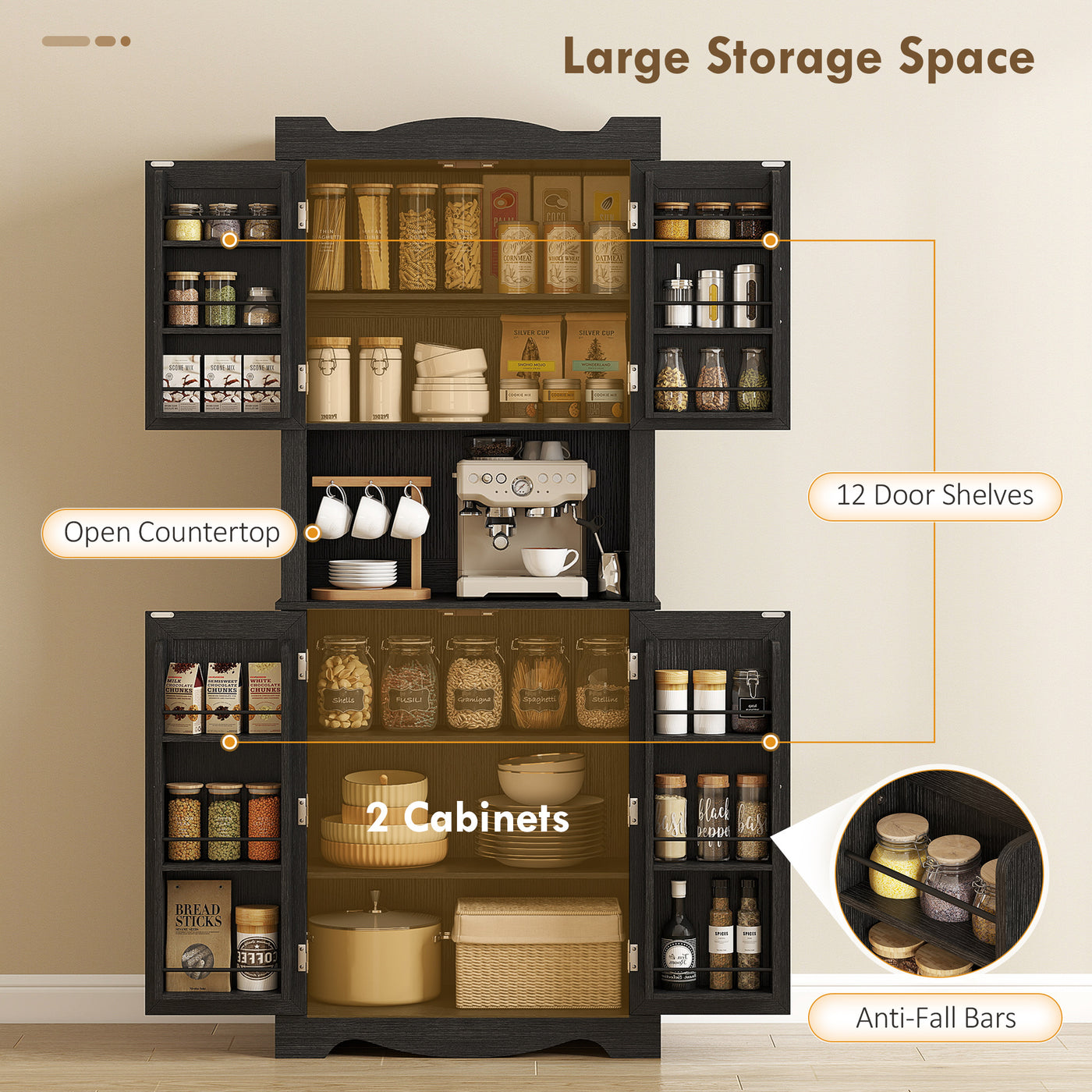 73" Kitchen Pantry Cabinet, Freestanding Kitchen Hutch with 12 Door Shelves, Adjustable Shelves, Microwave Stand, Black