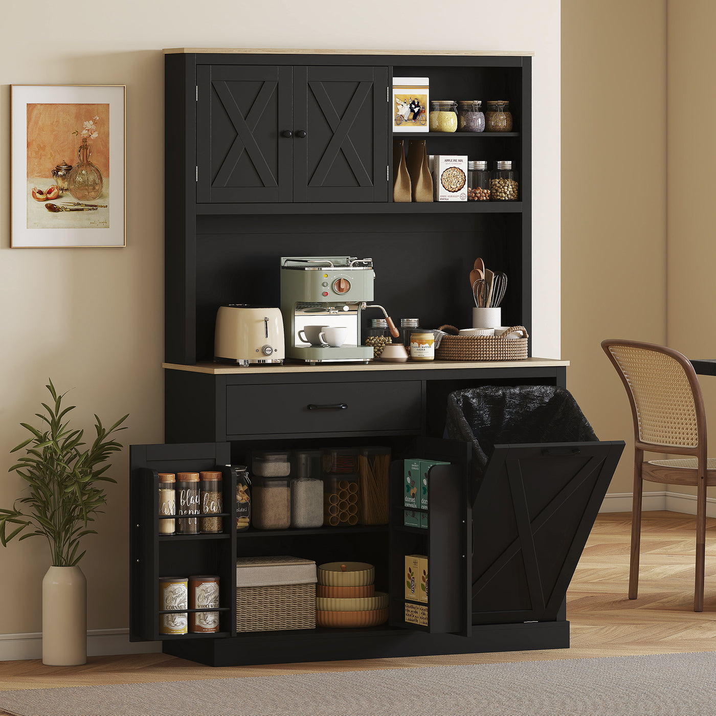69" Pantry Cabinet with Charging Station, Kitchen Cabinet with Microwave Stand, Tilt-Out Trash Can Cabinet, Black
