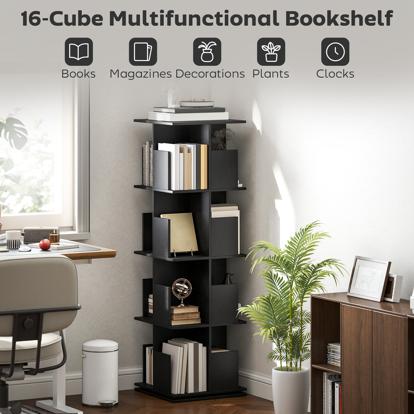 360° Rotating Bookcase with Anti-Tipping Straps, Anti-Slip Foot Pads, 4 Tier Bookshelf with 16 Cubbies for Books, Plants, Decorations, Black