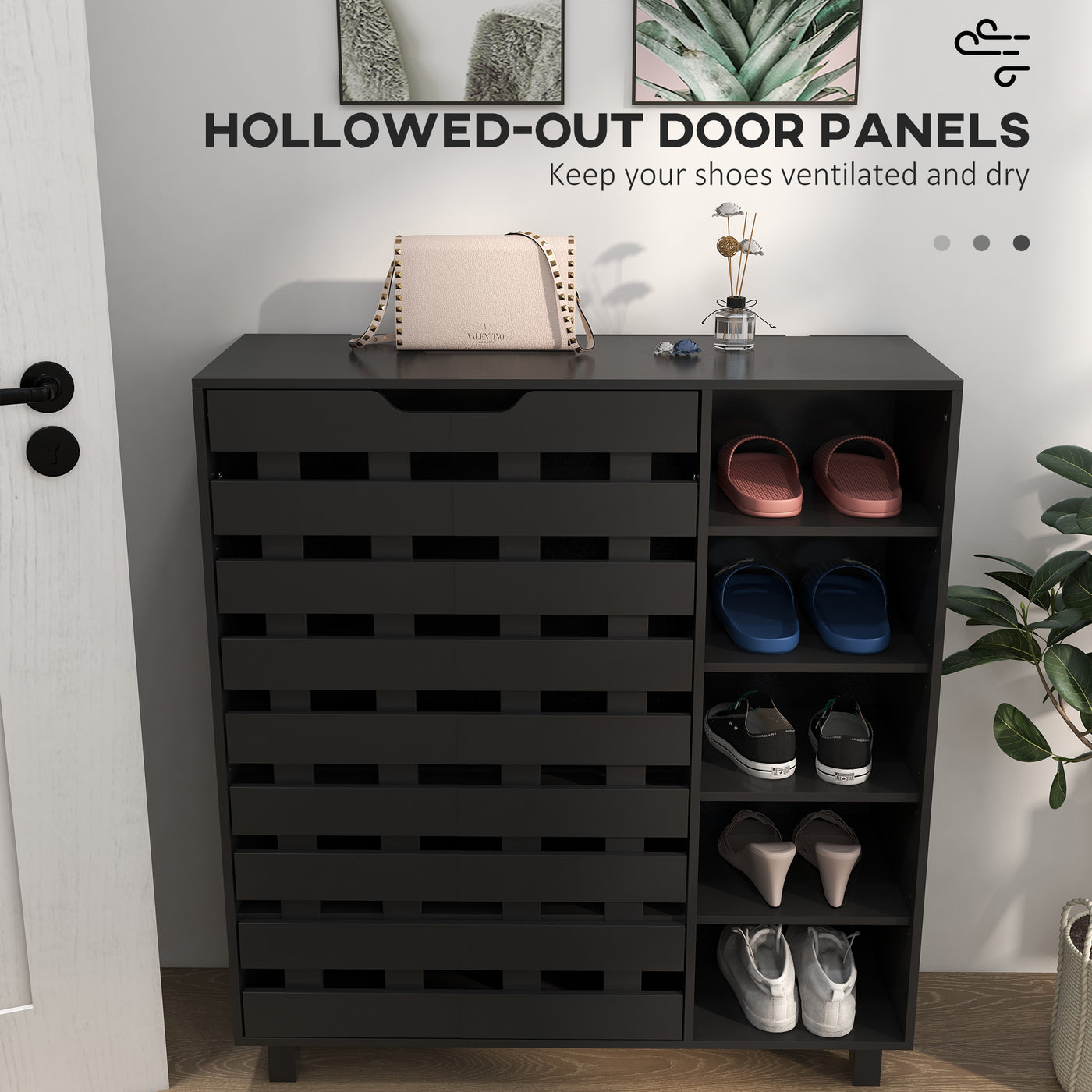 Shoe Cabinet, 21 Pair Shoe Storage Cabinet Organizer with 5-tier Double Door Cupboard and 5-tier Open Shelves, Black