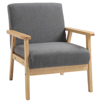 Minimalistic Accent Chairs Wood Frame w/ Thick Linen Cushions Wide Seat Armchair for Bedroom Office, Grey