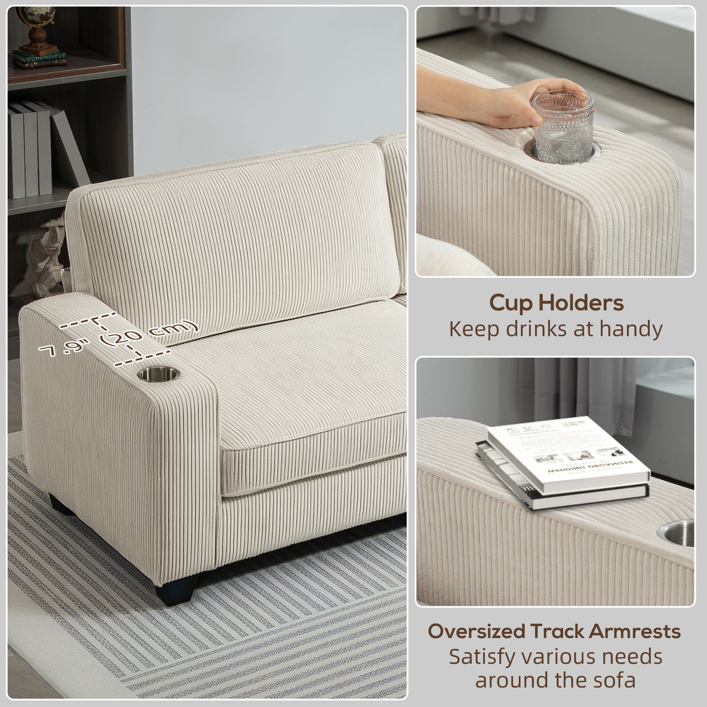 Three Seater Sofa, Fabric 3 Seater Couch with Spring Cushion and Cup Holders for Living Room, Bedroom, Cream White