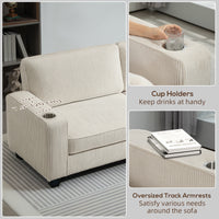 Three Seater Sofa, Fabric 3 Seater Couch with Spring Cushion and Cup Holders for Living Room, Bedroom, Cream White