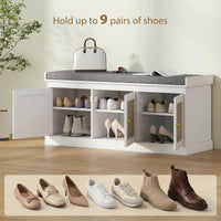 Shoe Storage Bench with Woven Rattan Doors, Shoe Bench with Cushion, Adjustable Shelves, Entryway Bench, White
