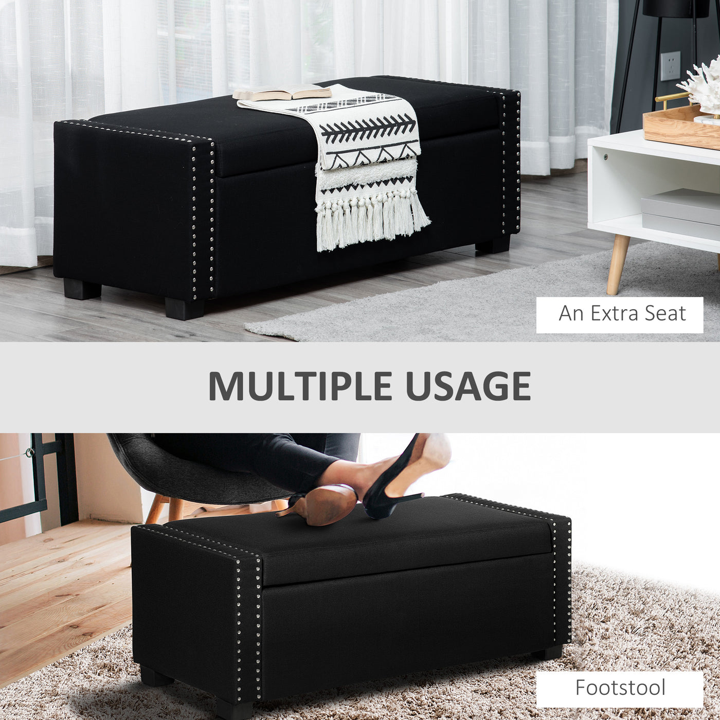 Upholstered Flip Top Storage Bench Fabric Ottoman for Bedroom, Living room, Dark Grey