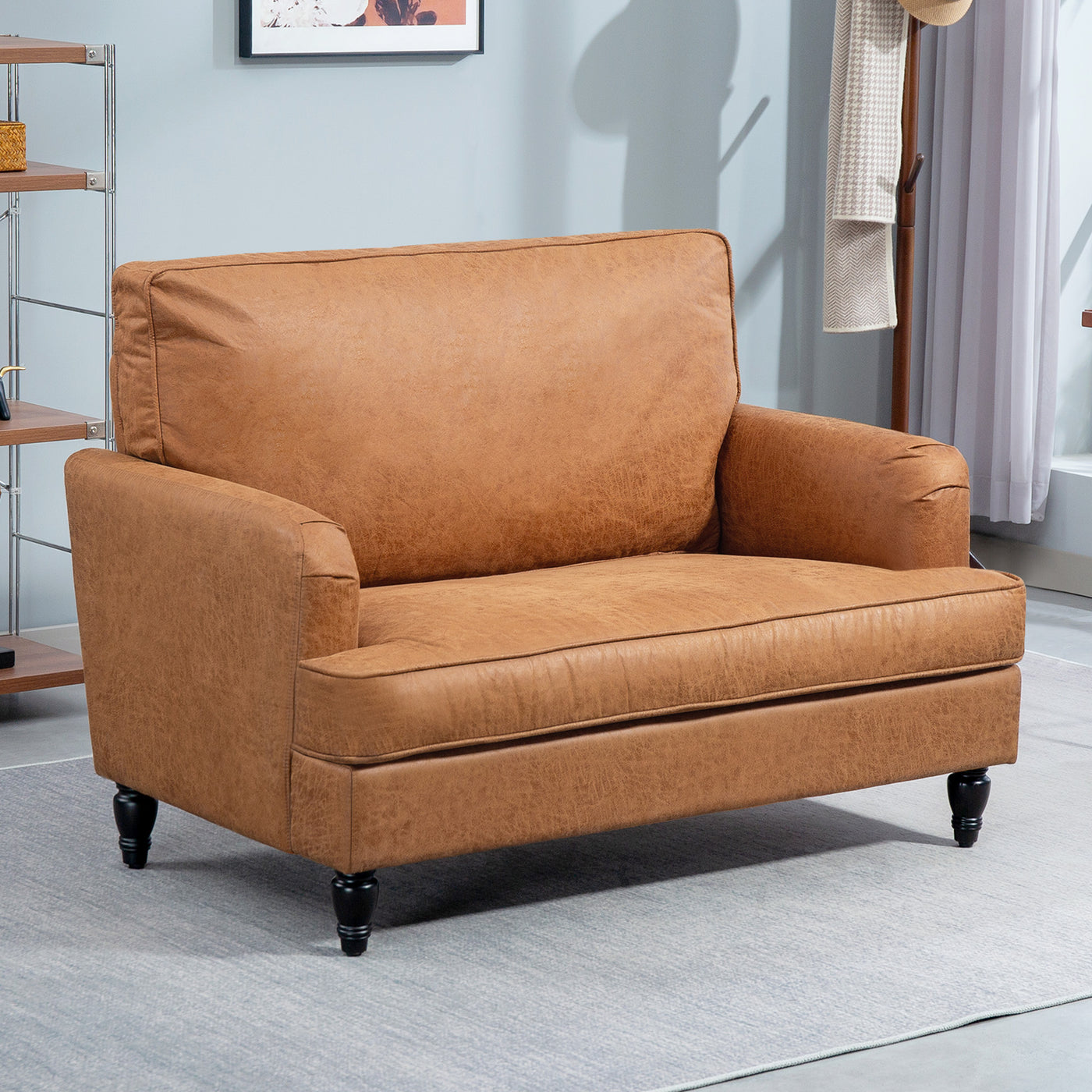 Modern Accent Chair, Leathaire Armchair with Turned Legs and Wide Seat, Comfy Chair for Living Room, Brown