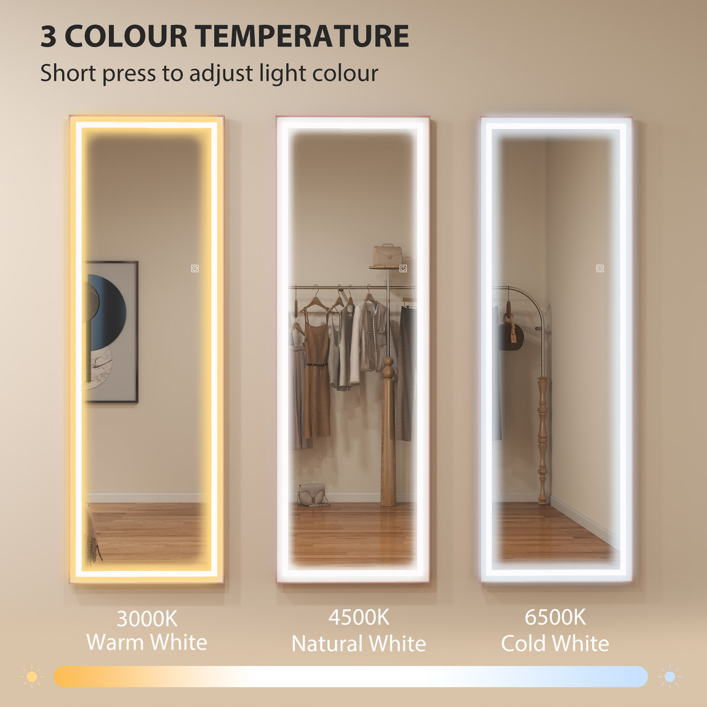 LED Mirror with Dimmable and 3 Colour Lights, 64" x 21" Rectangular Floor Mirror for Bedroom Living Room, Pink