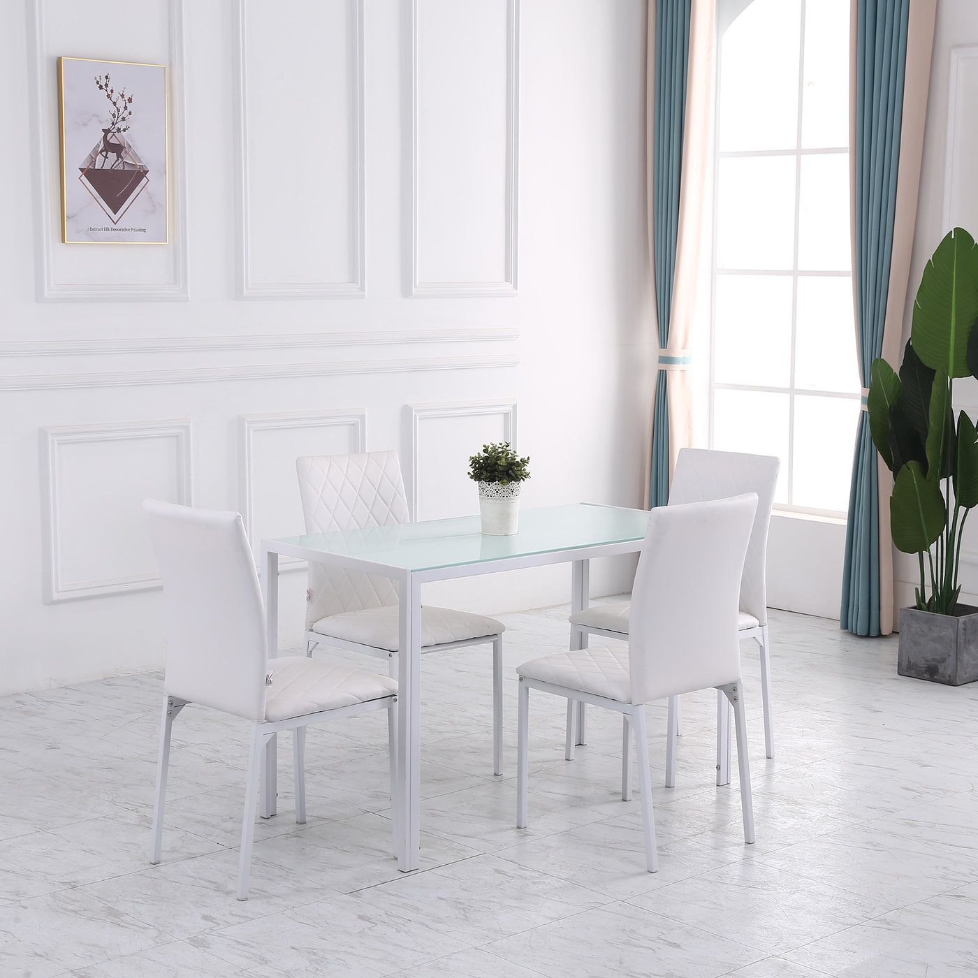 Modern Dining Chairs Set of 4, Upholstered Faux Leather Kitchen Chairs with Rhombic Tufting and Metal Legs for Living Room, White