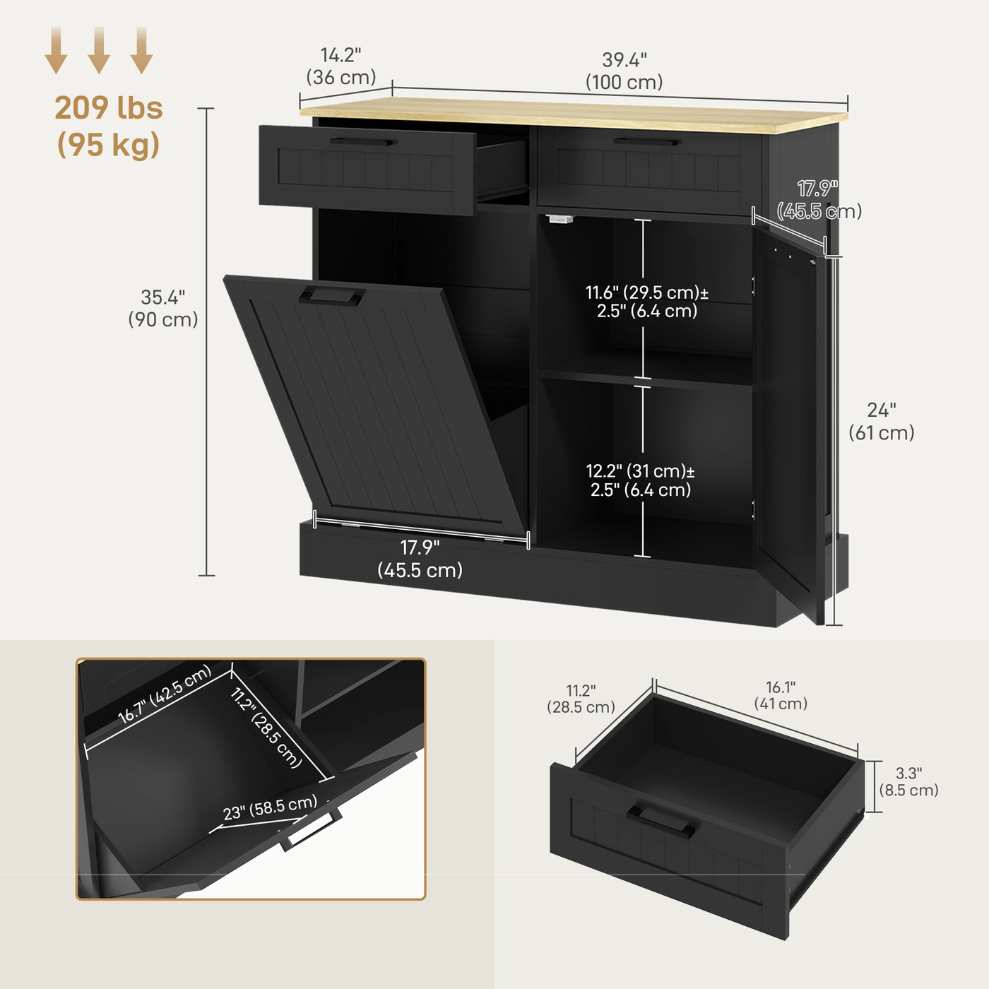 Hidden Garbage Bin Cabinet, Tilt Out Trash Cabinet w/ 2 Drawers, Freestanding Kitchen Island for Laundry, Black