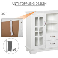 Modern Kitchen Sideboard with 2 Drawers, Coffee Bar Cabinet with Glass Doors Storage Cupboard and Open Shelf, White