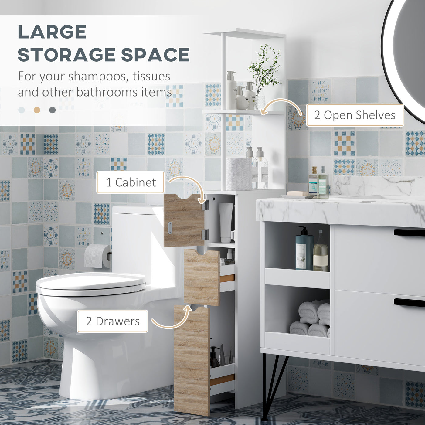 Tall Bathroom Storage Cabinet, Narrow Bathroom Cabinet with Drawers and Open Shelves for Small Spaces, Natural Wood